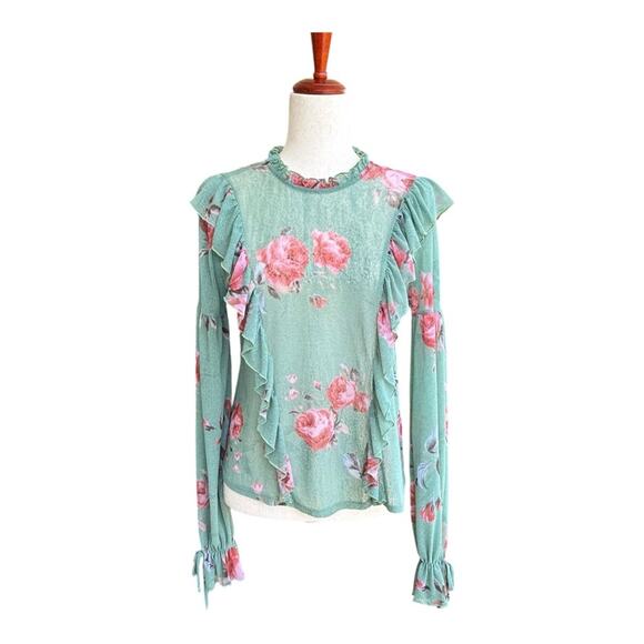 Know One Cares Tops - Know.One.Cares Green Top Floral Ruffle Long Sleeve Semi Sheer Shirt Couquette  S